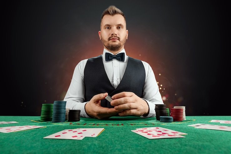 Dealer profesional di meja Baccarat Live Casino kabaya4d sedang membagikan kartu